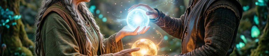An elderly woman and young man holding glowing blue and orange magical orbs in a forest