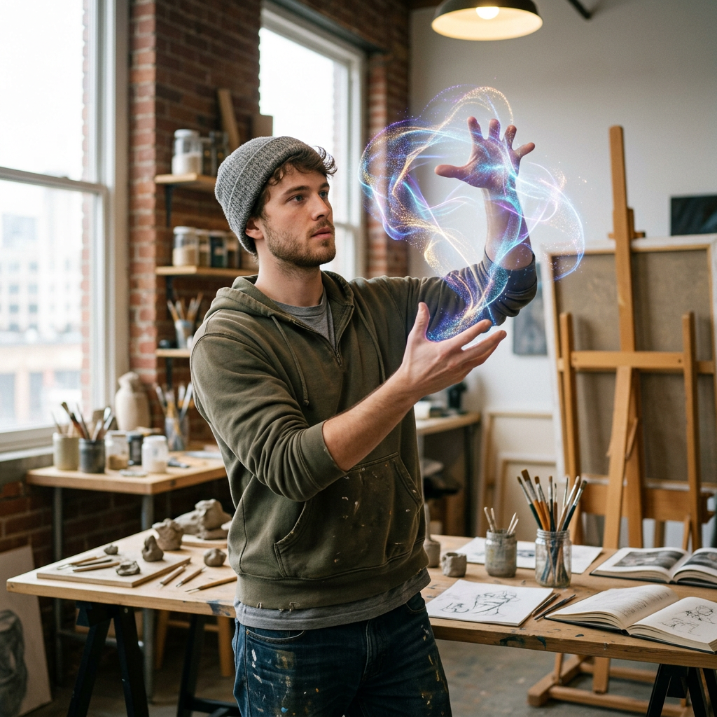 Young man in beanie and hoodie manipulating glowing magical energy between hands inside art studio