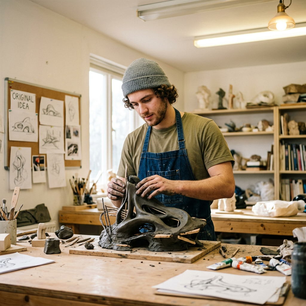 Artist working on a large abstract clay sculpture in a studio environment