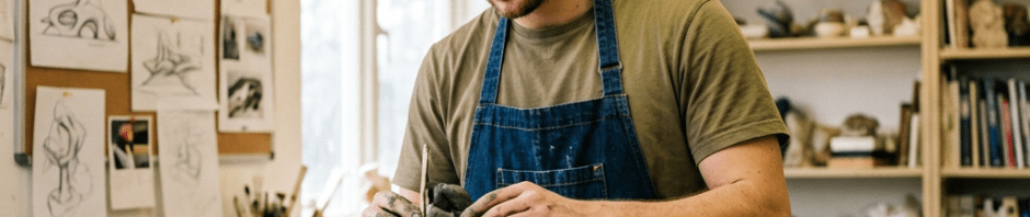 Artist working on a large abstract clay sculpture in a studio environment