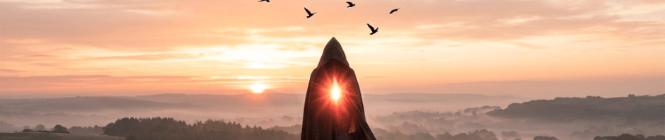 Cloaked figure on grassy hill at sunrise with birds flying above