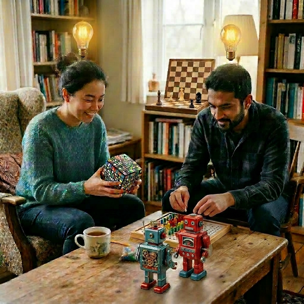 Man and woman playing a board game and holding a large Rubik's cube indoors