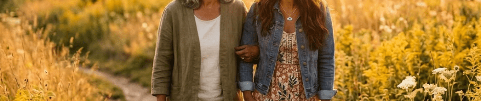 Mother and daughter walking arm in arm along a dirt path in a field during sunset