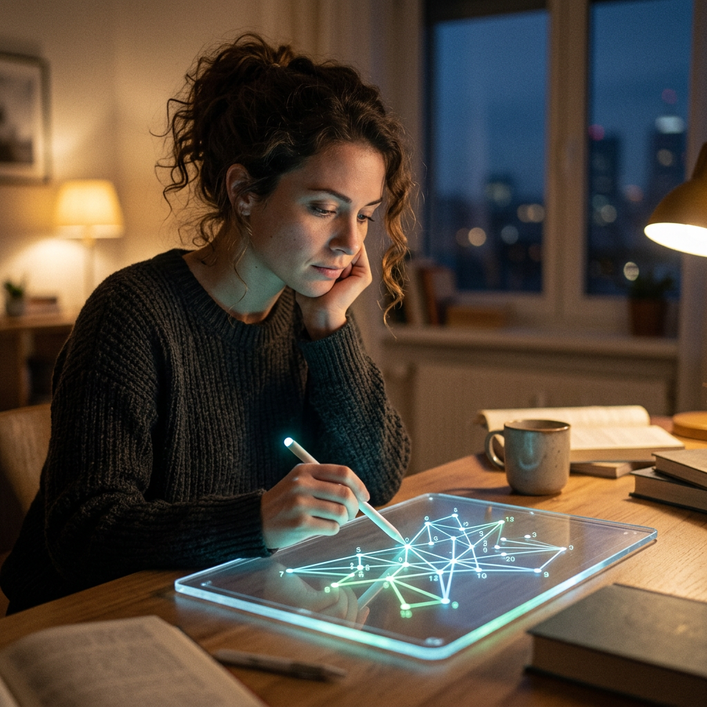 Woman using stylus on illuminated digital tablet with network graph