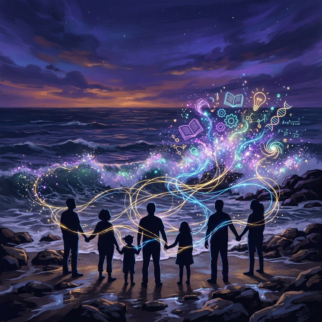 Silhouetted people holding hands on shore with glowing streams of knowledge symbols flowing into ocean