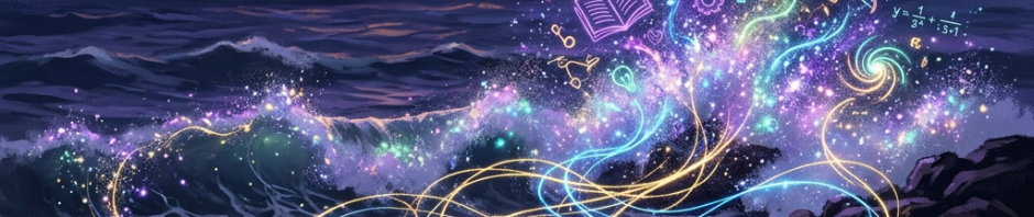 Silhouetted people holding hands on shore with glowing streams of knowledge symbols flowing into ocean