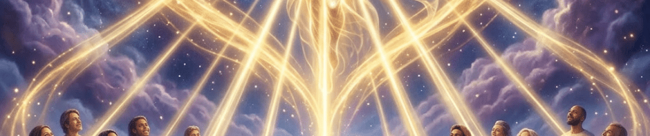 People dressed in white holding hands, connected by glowing hearts to a radiant figure with golden light and cosmic background