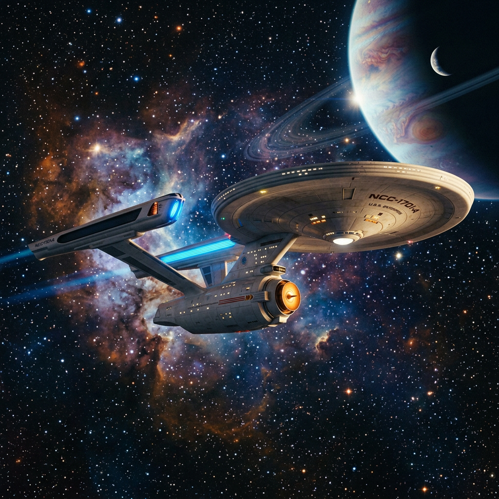 USS Enterprise NCC-1701-A starship flying in space with colorful nebula and a large ringed planet