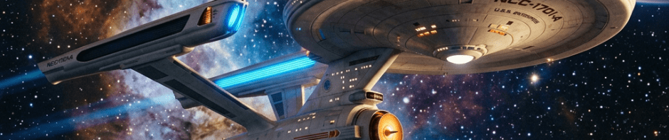 USS Enterprise NCC-1701-A starship flying in space with colorful nebula and a large ringed planet