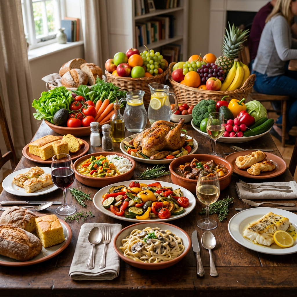 Table with diverse fresh fruits, vegetables, breads, cooked dishes, and wine glasses